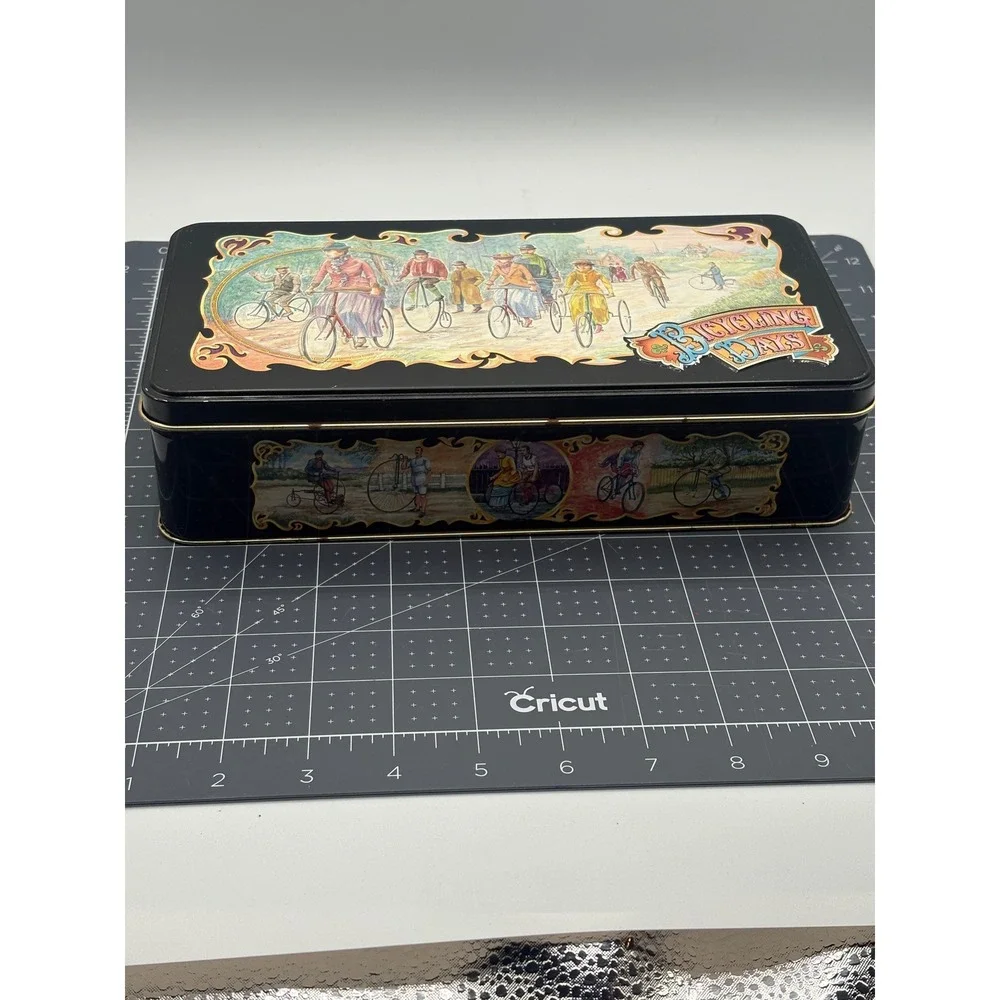 Vintage Fox's English Biscuits Tin Bicycling Days Victorian Bicycle Scene Black